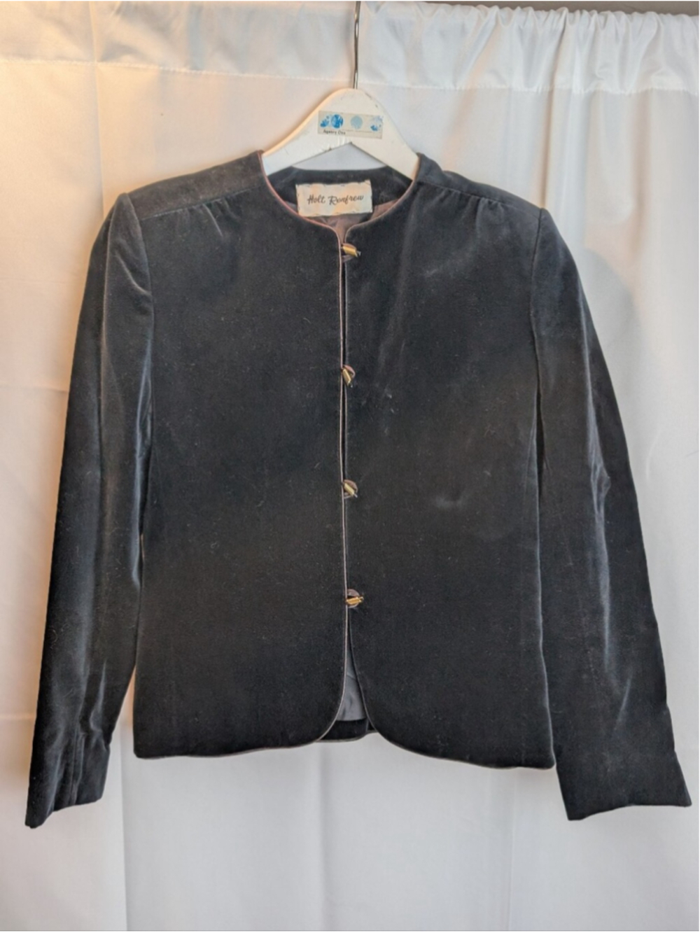 Vintage Holt Renfrew Velvet Jacket Blazer Collarless Gold Buttons Black Size 8